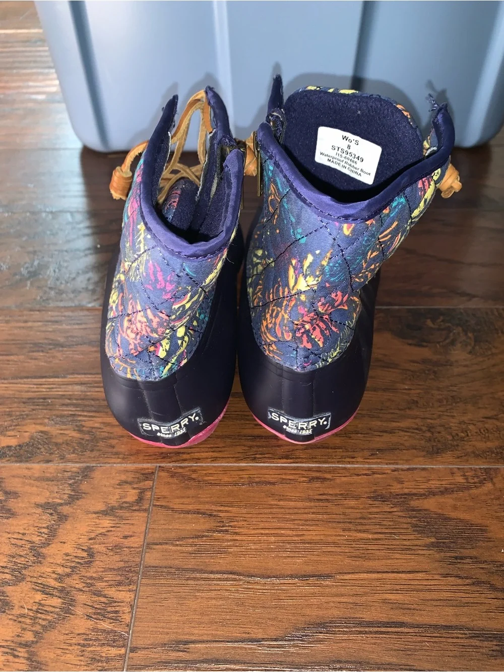 Sperry Navy Multicolor Patterned Duck Boots with Tan Laces